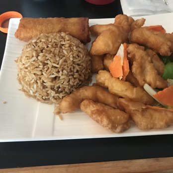 The China Express - Sweet and sour chicken (lunch option) and lo Mein noodles with fried rice - Chinese Near Me - Richardson, Texas