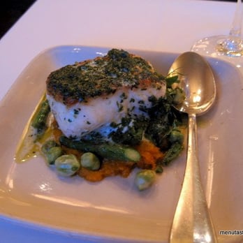 AOC - HALIBUT with carrot purée, favas, crème fraîche, pistou ($16) - 4 stars, a must order - Cocktail Bars Near Me - Los Angeles, California