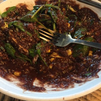 Pressed Cafe - Red Quinoa Power Bowl - swimming in black bean sauce. TOO much! - Juice Bars & Smoothies Near Me - Newton, Massachusetts