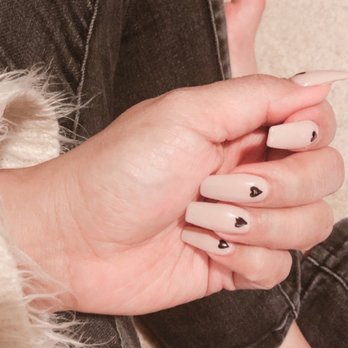 Highlands Nails - Valentine's inspired, coffin, perfect mini black hearts, nude - Nail Salons Near Me - Issaquah, Washington