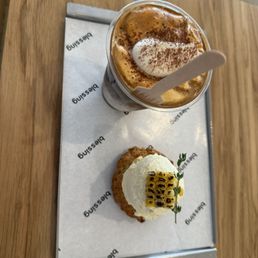 Top: cream top latte; bottom: sweet corn cream scone Top: cream top latte; bottom: sweet corn cream scone