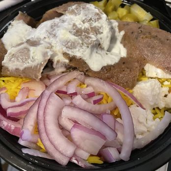 Habibi Mediterranean Grill - Gyro + yellow rice bowl with included add ons. I chose feta, red onion and pickled cucumber with pita. Enough for two meals. - Mediterranean Near Me - Santee, California Habibi Mediterranean Grill - Gyro + yellow rice bowl with included add ons. I chose feta, red onion and pickled cucumber with pita. Enough for two meals. - Mediterranean Near Me - Santee, California
