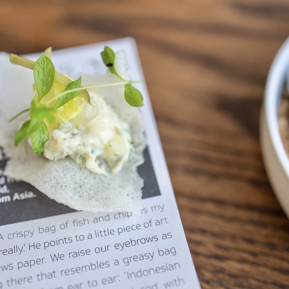 Daalder - "Fish and Chips" - Indonesian style potato cracker, pickled cod salad, cornichon - Modern European Near Me - Amsterdam, New Hampshire Daalder - "Fish and Chips" - Indonesian style potato cracker, pickled cod salad, cornichon - Modern European Near Me - Amsterdam, New Hampshire