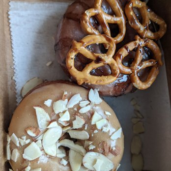 Glazed Over Donuts - Pecan Butter Glaze + Almonds and a Carmel + Pretzel + salted caramel chocolate - Donuts Near Me - Beacon, New York Glazed Over Donuts - Pecan Butter Glaze + Almonds and a Carmel + Pretzel + salted caramel chocolate - Donuts Near Me - Beacon, New York