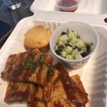 Local Kitchens - The fake chicken entree - bbq tofu with salad and sweet buttermilk biscuit - Burgers Near Me - Cupertino, California Local Kitchens - The fake chicken entree - bbq tofu with salad and sweet buttermilk biscuit - Burgers Near Me - Cupertino, California