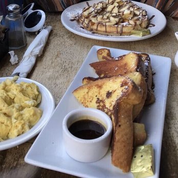 Fratelli Cafe - Classic French toast, side of scrambled eggs and the banana waffle. - Coffee & Tea Near Me - Los Angeles, California