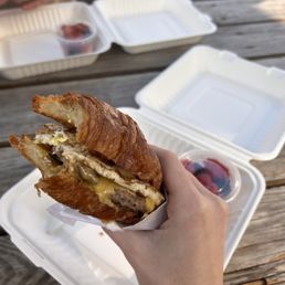 Nana's Breakfast Sandwich with sausage on croissant Nana's Breakfast Sandwich with sausage on croissant