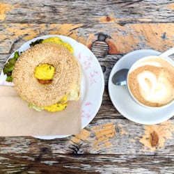 Goodies - Vegan "egg" salad bagel and cappuccino