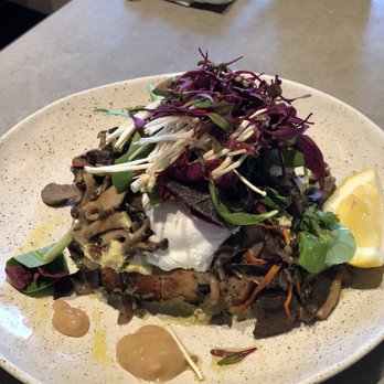 Five5eeds - Mushroom on quinoa toast (with two poached eggs added) - Coffee & Tea Near Me - Park City, Utah