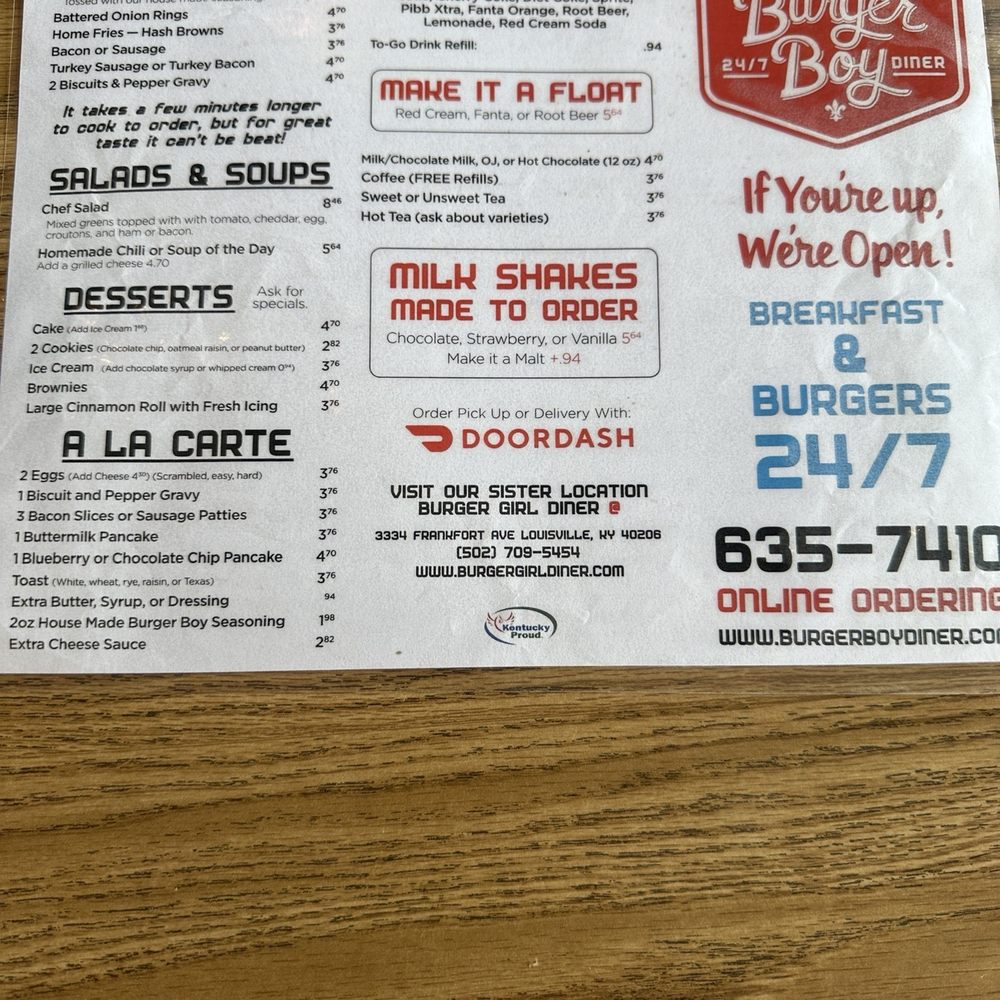 Burger Boy Diner - Menu as of 12/08/24 - Diners Near Me - Louisville, Kentucky