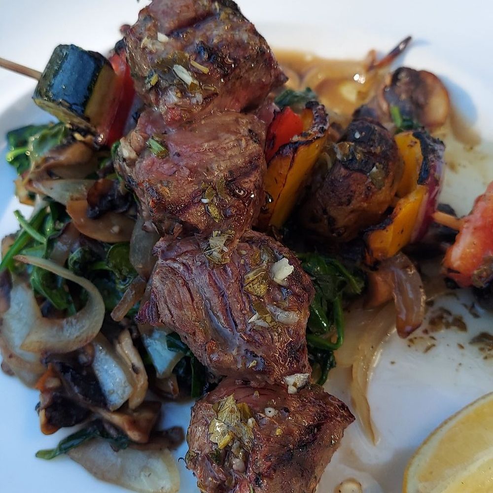 Opa Morgan Hill - Veggie Saute with a medium beef skewer. - Greek Near Me - Morgan Hill, California Opa Morgan Hill - Veggie Saute with a medium beef skewer. - Greek Near Me - Morgan Hill, California