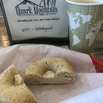 Ozark Mountain Bagel - Honey almond bagel with maple walnut cream cheese with a large coffee (Onyx's Southern Weather blend) - Breakfast & Brunch Near Me - Bentonville, Arkansas Ozark Mountain Bagel - Honey almond bagel with maple walnut cream cheese with a large coffee (Onyx's Southern Weather blend) - Breakfast & Brunch Near Me - Bentonville, Arkansas