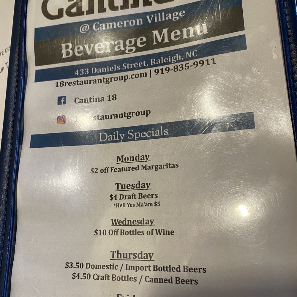 Cantina 18 - Daily beverage specials menu - Tex-Mex Near Me - Raleigh, North Carolina Cantina 18 - Daily beverage specials menu - Tex-Mex Near Me - Raleigh, North Carolina