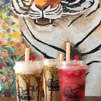 Tiger Tea House - Two tiger stripe tea's and one watermelon. - Bubble Tea Near Me - Hanford, California Tiger Tea House - Two tiger stripe tea's and one watermelon. - Bubble Tea Near Me - Hanford, California