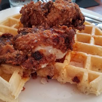 Nolabelle Kitchen + Bar - Buttermilk fried chicken with cheddar waffle and spicy honey - Burgers Near Me - Mankato, Minnesota