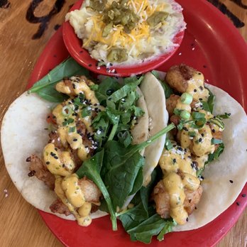 Cabo Fish Taco - Beer Battered Shrimp Tacos with jalapeño mash potato side. - Mexican Near Me - Blacksburg, Virginia
