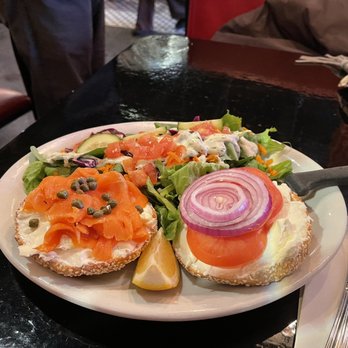 Bagel Etc - St Viateur plate (bagel cream cheese lox capers tomato onion lemon wedge) & a side salad w dill dressing $15.75 - Bagels Near Me - Montreal, Quebec