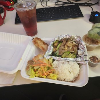 Thai Lotus - Pork with oyster sauce and veggie, lunch special with ice tea, spring rolls and their delicious peanut sauce. - Thai Near Me - Reno, Nevada Thai Lotus - Pork with oyster sauce and veggie, lunch special with ice tea, spring rolls and their delicious peanut sauce. - Thai Near Me - Reno, Nevada