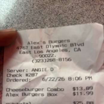 Alex Burgers - Receipt - Burgers Near Me - Los Angeles, California Alex Burgers - Receipt - Burgers Near Me - Los Angeles, California