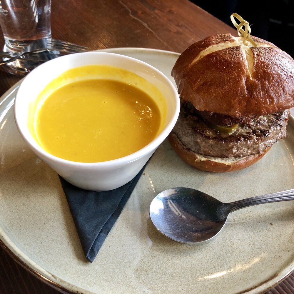 Graze - Tex Mex Burger and squash soup (side view) - Bars Near Me - Canmore, Alberta