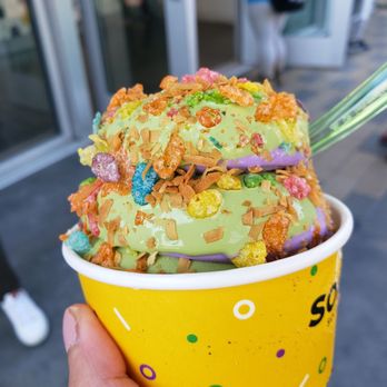 Somisomi - Matcha & ube swirl with fruity pebbles and coconut flakes - Desserts Near Me - Cupertino, California Somisomi - Matcha & ube swirl with fruity pebbles and coconut flakes - Desserts Near Me - Cupertino, California