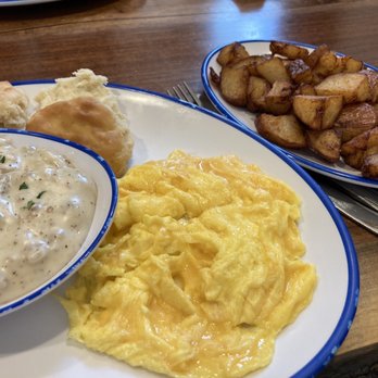 Beach Mountain Diner - biscuits and gravy with scrambled soft eggs and home fries - Breakfast & Brunch Near Me - Waynesville, North Carolina Beach Mountain Diner - biscuits and gravy with scrambled soft eggs and home fries - Breakfast & Brunch Near Me - Waynesville, North Carolina