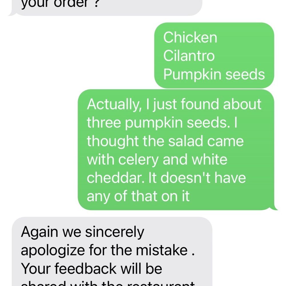 Just Salad - Text messages between consumer and restaurant ( or bot) - Salad Near Me - Boca Raton, Florida Just Salad - Text messages between consumer and restaurant ( or bot) - Salad Near Me - Boca Raton, Florida