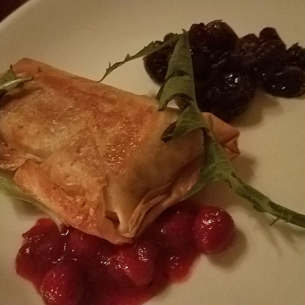 Forage - Phyllo Wrapped Moses Sleeper - Cow's Milk Cheese, Cranberry Nostarda, Cranberry Compote, Dandelion Greens - Wine Bars Near Me - Cambridge, Massachusetts Forage - Phyllo Wrapped Moses Sleeper - Cow's Milk Cheese, Cranberry Nostarda, Cranberry Compote, Dandelion Greens - Wine Bars Near Me - Cambridge, Massachusetts