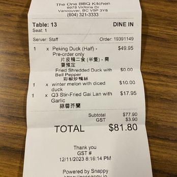 The One BBQ Kitchen - Receipt - Barbeque Near Me - Vancouver, British Columbia The One BBQ Kitchen - Receipt - Barbeque Near Me - Vancouver, British Columbia