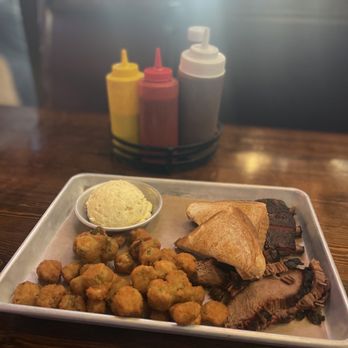 Albert G's BBQ - Sliced Brisket Tulsa Style Ribs 2 Meat Combo Potato Salad Fried Okra - Barbeque Near Me - Tulsa, Oklahoma