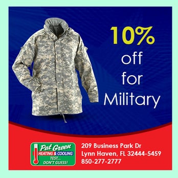 Pat Green Heating & Cooling - 10% off for Military www.patgreenair.com - Heating & Air Conditioning/HVAC Near Me - Lynn Haven, Florida Pat Green Heating & Cooling - 10% off for Military www.patgreenair.com - Heating & Air Conditioning/HVAC Near Me - Lynn Haven, Florida