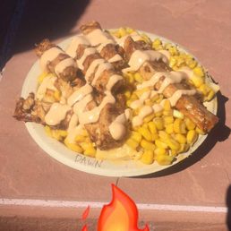 The mac and cheese bowl with corn and bbq chick'n toppings from Southern Fried Vegan