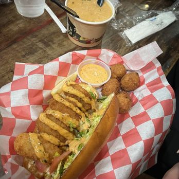 Georgetown Seafood - Po boy sandwich with hush puppies and lobster bisque - Seafood Near Me - Washington, DC, District of Columbia