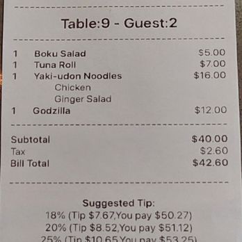 Boku Sushi & Grill - Bill for the evening - Japanese Near Me - Maitland, Florida Boku Sushi & Grill - Bill for the evening - Japanese Near Me - Maitland, Florida