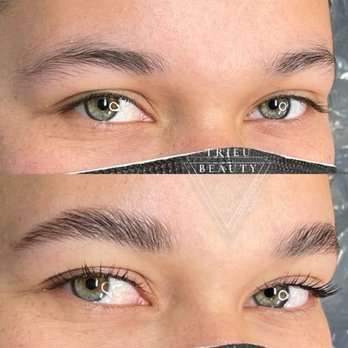 Trieu Beauty - Brow lami and lash lift - Image displays a close-up of a person's eyes, with the top half showing natural eyebrows and eyelashes, and the bottom half showing enhanced eyebrows and lifted eyelashes after beauty treatments. The person is wearing a black face mask with the Trieu Beauty logo. The focus is on the eye area, highlighting the results of the brow lamination and lash lift services. - Permanent Makeup Near Me - Albuquerque, New Mexico
