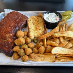 The Joint-BBQ, Wings & More - BABY BACK RIBS, Southern Fried Okra, fries, garlic bread, Redskin Potato Salad