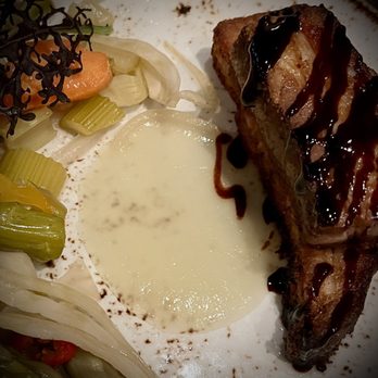 Esteban Restaurant - Cochinillo Kurobuta pork belly, honey dew gel, pickled vegetables - Spanish Near Me - Monterey, California Esteban Restaurant - Cochinillo Kurobuta pork belly, honey dew gel, pickled vegetables - Spanish Near Me - Monterey, California