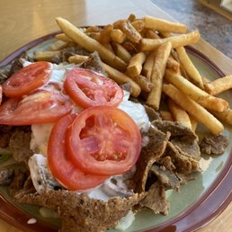 Gyro Plate - A plate featuring a gyro with sliced tomatoes, French fries, and a side of sauce, served on a ceramic dish at a restaurant.