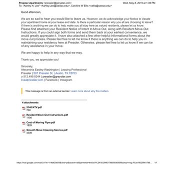 Pressler Apartments - Email confirming that they have acknowledged our notice to move out - Apartments Near Me - Austin, Texas Pressler Apartments - Email confirming that they have acknowledged our notice to move out - Apartments Near Me - Austin, Texas