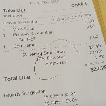 Akinori Sushi - My total tab. Not bad, hit the spot for a tad bit of munchies. - Japanese Near Me - Pasadena, California