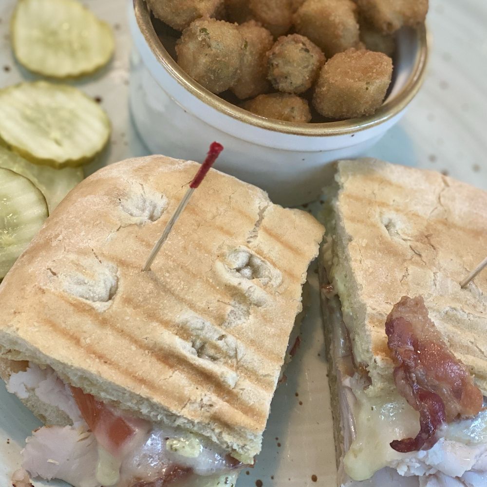 Eggcited Brunch House - Turkey Pesto Panini with Fried Okra - Breakfast & Brunch Near Me - McKinney, Texas Eggcited Brunch House - Turkey Pesto Panini with Fried Okra - Breakfast & Brunch Near Me - McKinney, Texas