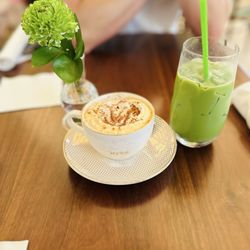 Hive Bakery & Cafe - Vanilla matcha latte with oatmilk, pumpkin spice latte