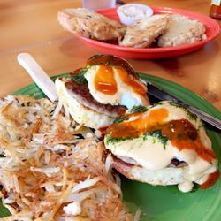 Tuckers - Front: Benedict with breakfast sausage, middle: bacon cheddar drop biscuits, back: carnitas Benny