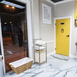 Wellness Elite Fitness - Lobby -- Carrara marble, cream walls, and the Hippocrates quote that opens every visit.