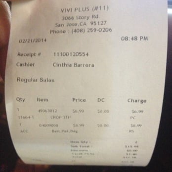 Vivi Fashion Plus - My sister's receipt. Proof that we actually shopped at such a crummy place :( - Women's Clothing Near Me - San Jose, California Vivi Fashion Plus - My sister's receipt. Proof that we actually shopped at such a crummy place :( - Women's Clothing Near Me - San Jose, California