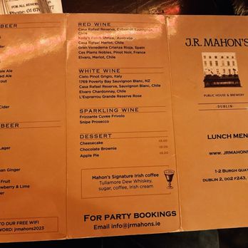 J.R. Mahon's - Menu - Restaurants Near Me - Dublin 2, D