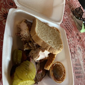 Harmon's Barbecue - What was left after our tummies were full; sausage, chicken, one rib, brisket, bread, pickles, jalapeños, barbecue sauce and bread. - Barbeque Near Me - Cibolo, Texas Harmon's Barbecue - What was left after our tummies were full; sausage, chicken, one rib, brisket, bread, pickles, jalapeños, barbecue sauce and bread. - Barbeque Near Me - Cibolo, Texas