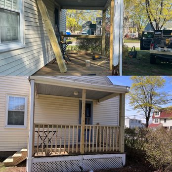 Morris Home Services - Before and After of new stairs, railings, and support beams in this outdoor covered porch - Handyman Near Me Morris Home Services - Before and After of new stairs, railings, and support beams in this outdoor covered porch - Handyman Near Me