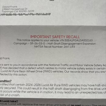 Lucid Studio Beverly Hills - Scarey safety recall notice warning against driving the car.Lucid Air leased car. - Car Dealers Near Me - Beverly Hills, California