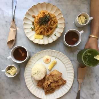 Davelle - Uni pasta, Karaage chicken, and the Matcha honey yuzu lemonade (with soup and potato salad) - Japanese Near Me - New York, New York Davelle - Uni pasta, Karaage chicken, and the Matcha honey yuzu lemonade (with soup and potato salad) - Japanese Near Me - New York, New York